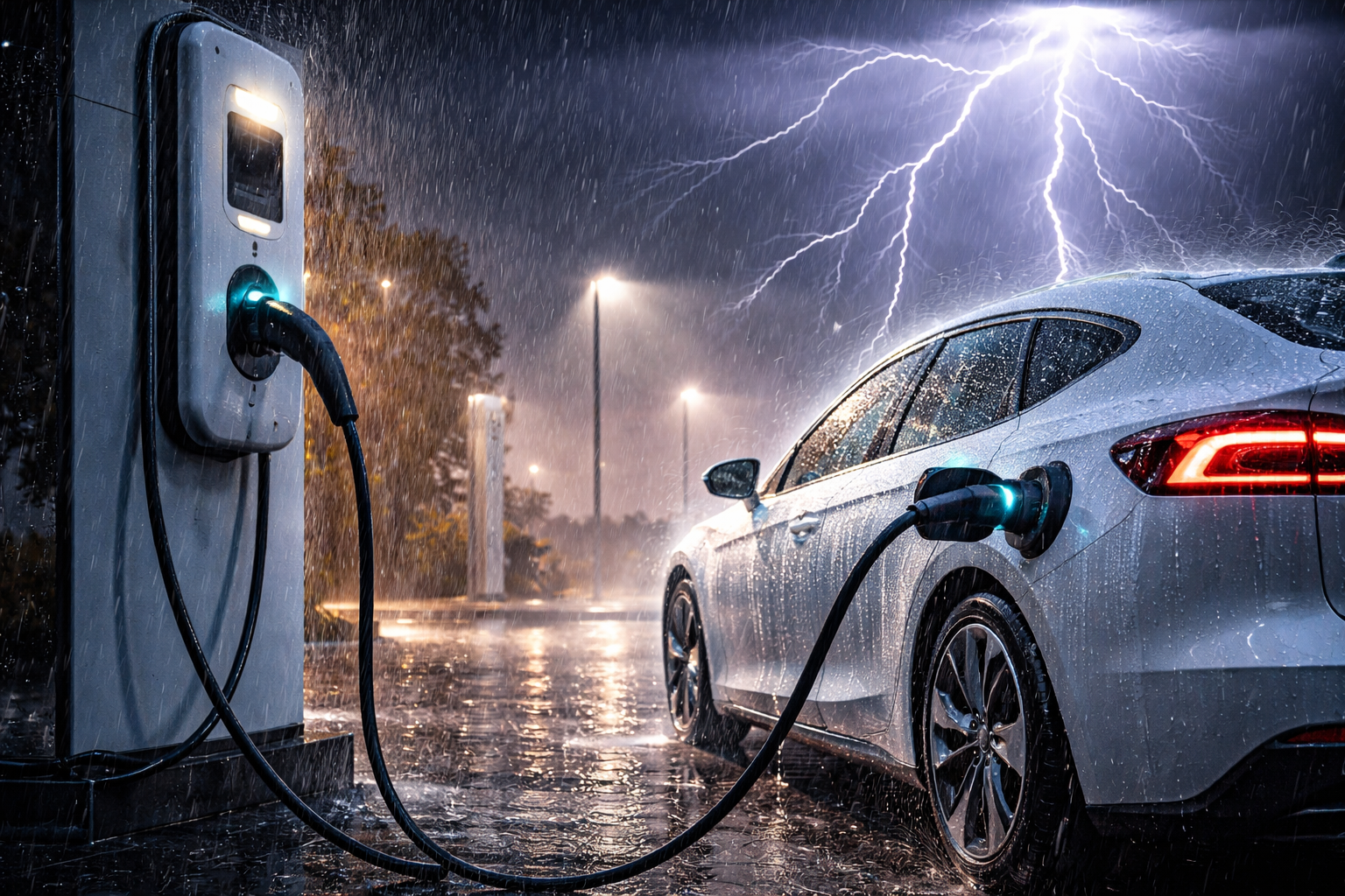 Elektroauto lädt an einer Ladestation bei Gewitter und Regen mit Blitz am Nachthimmel
