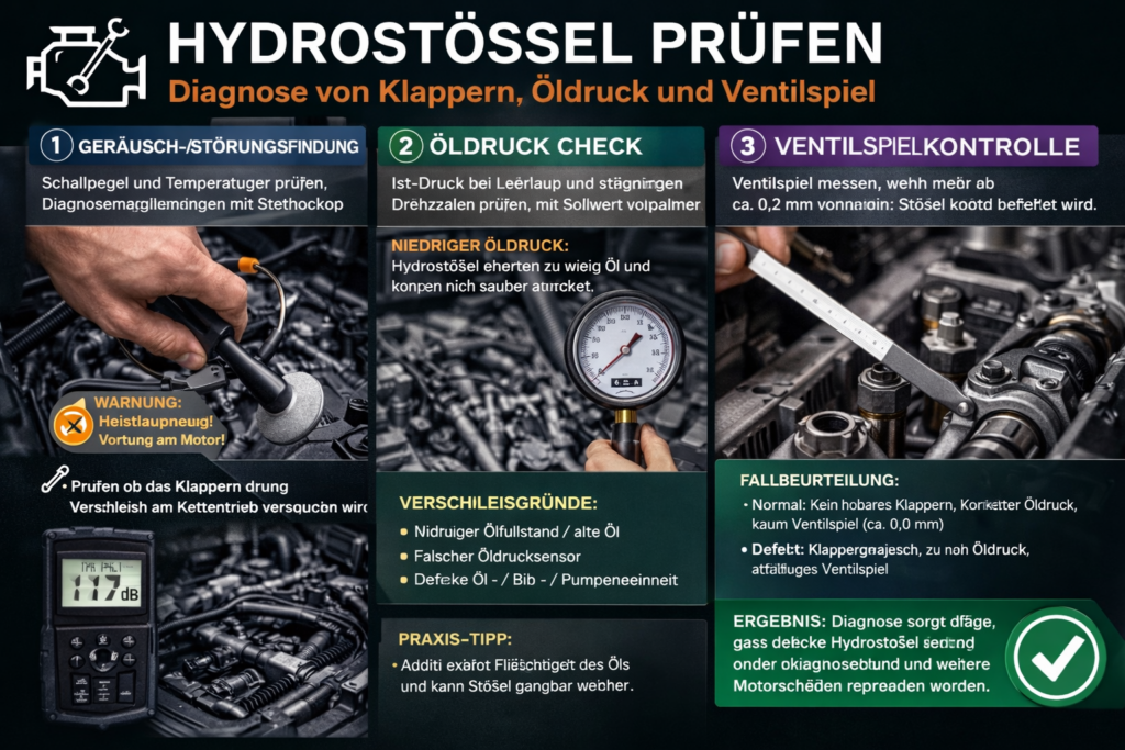 Infografik zur Diagnose von Hydrostößeln: Prüfung des Spiels und Sichtkontrolle im Motorraum.