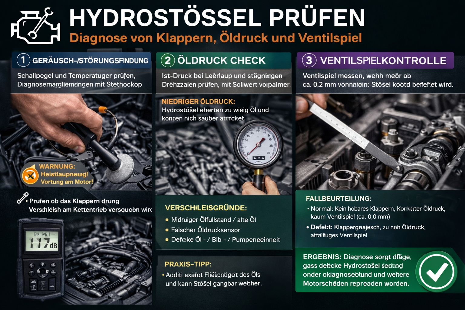 Infografik zur Diagnose von Hydrostößeln: Prüfung des Spiels und Sichtkontrolle im Motorraum.