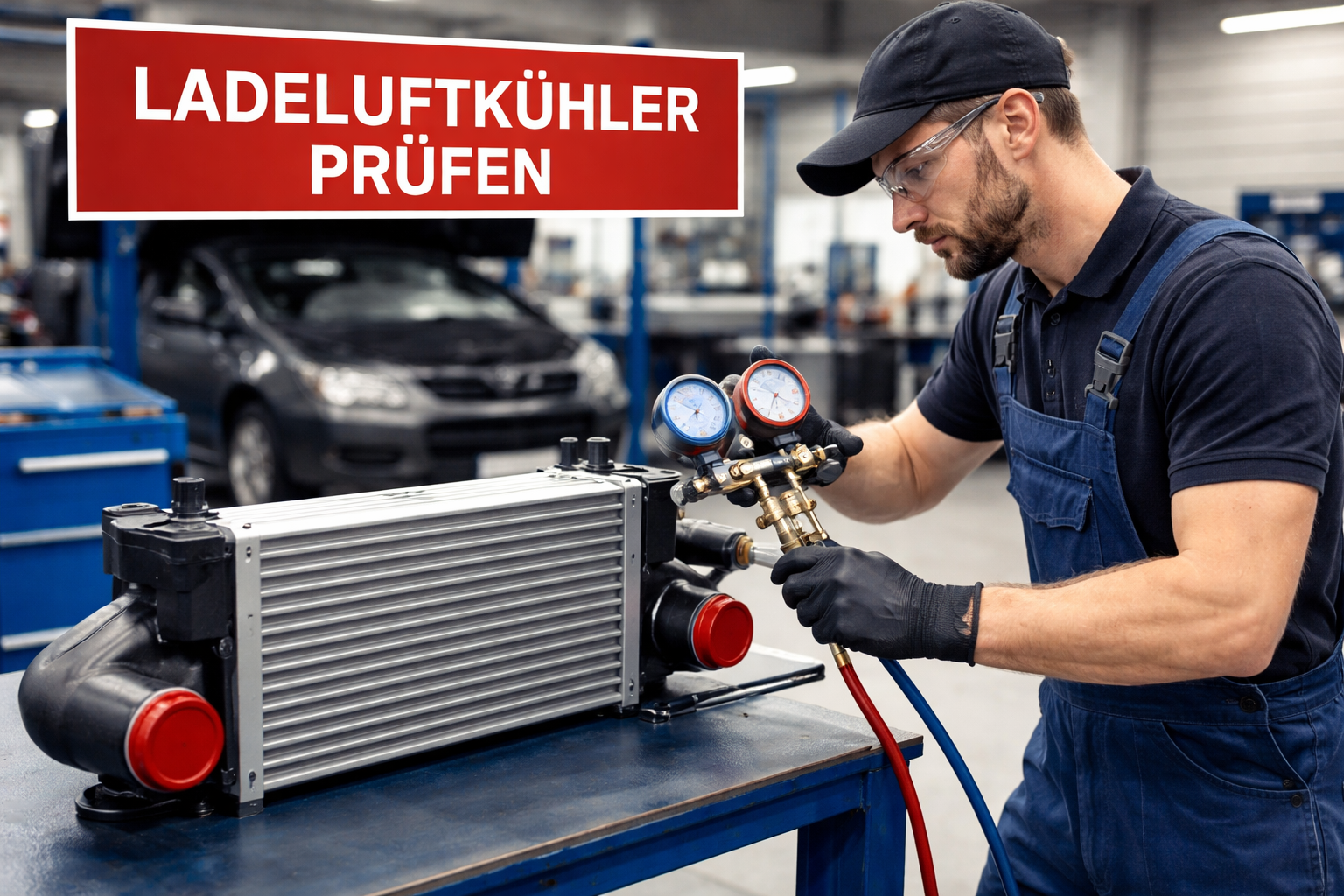 Kfz-Mechaniker prüft einen Ladeluftkühler in einer Autowerkstatt auf Dichtigkeit.
