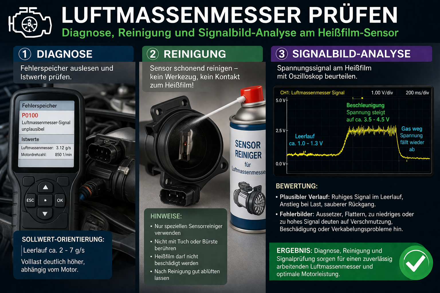 Infografik zur Prüfung eines Luftmassenmessers mit Multimeter und Reinigungsspray