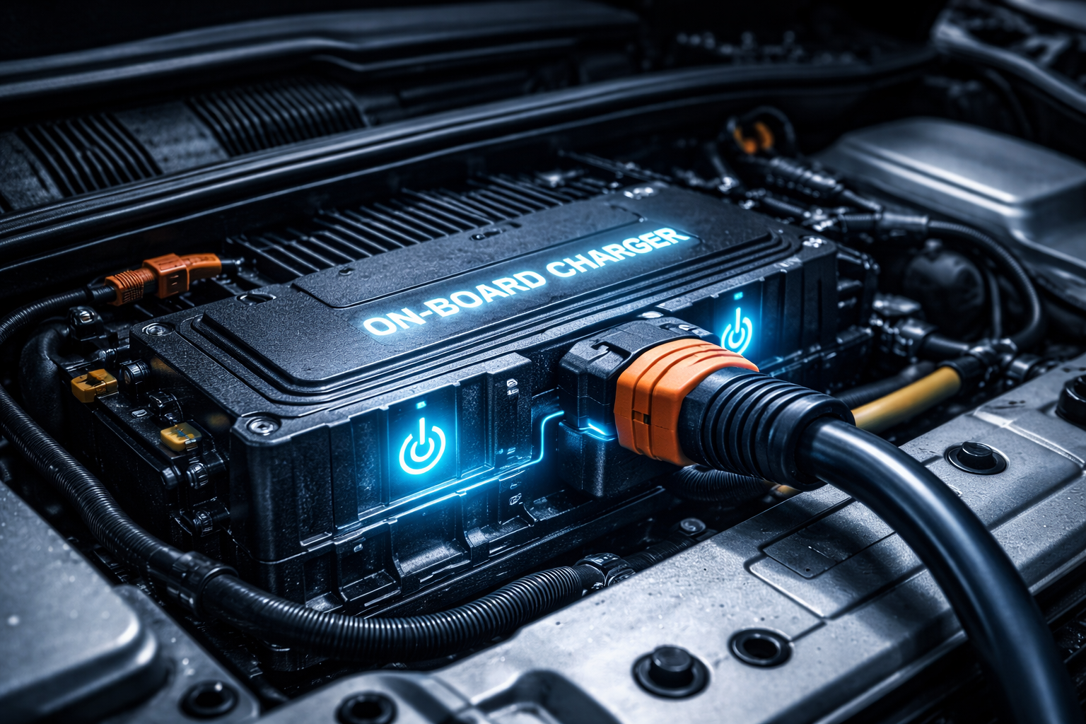On-Board-Charger (OBC) eines Elektroautos im Motorraum mit angeschlossenem Ladekabel