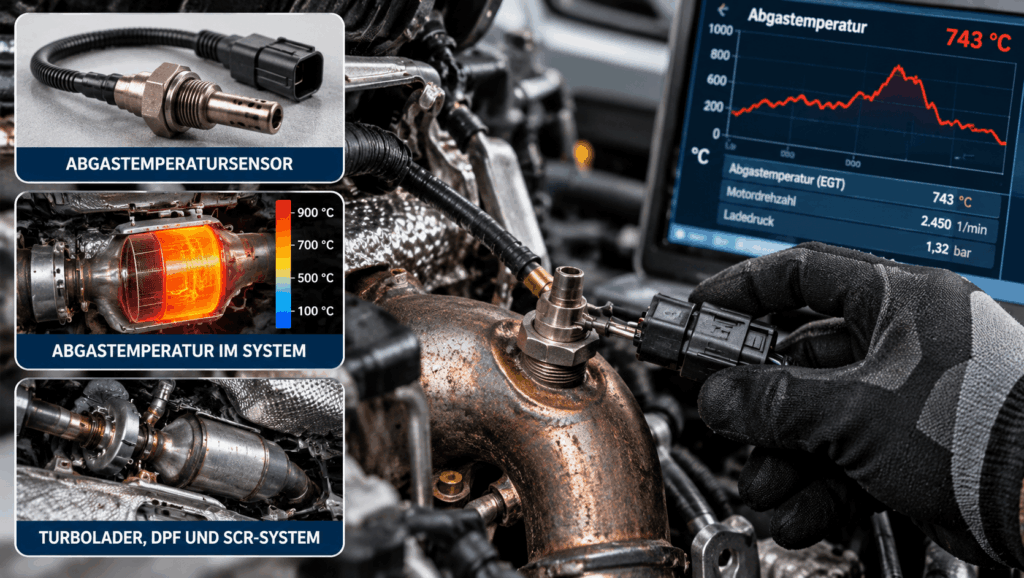 Kfz-Techniker prüft einen Abgastemperatursensor am Abgassystem mit Diagnosegerät und Temperaturmesswerten