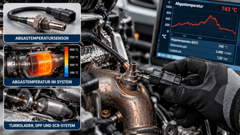 Kfz-Techniker prüft einen Abgastemperatursensor am Abgassystem mit Diagnosegerät und Temperaturmesswerten