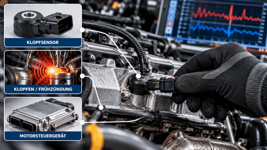 Kfz-Techniker prüft den Klopfsensor am Motor mit Darstellung von Klopfverbrennung, Motorsteuergerät und Diagnosesignalen