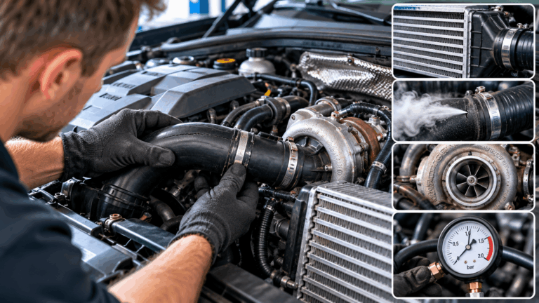 Kfz-Mechaniker prüft einen Ladeluftschlauch auf Undichtigkeiten im Turbosystem eines Fahrzeugs