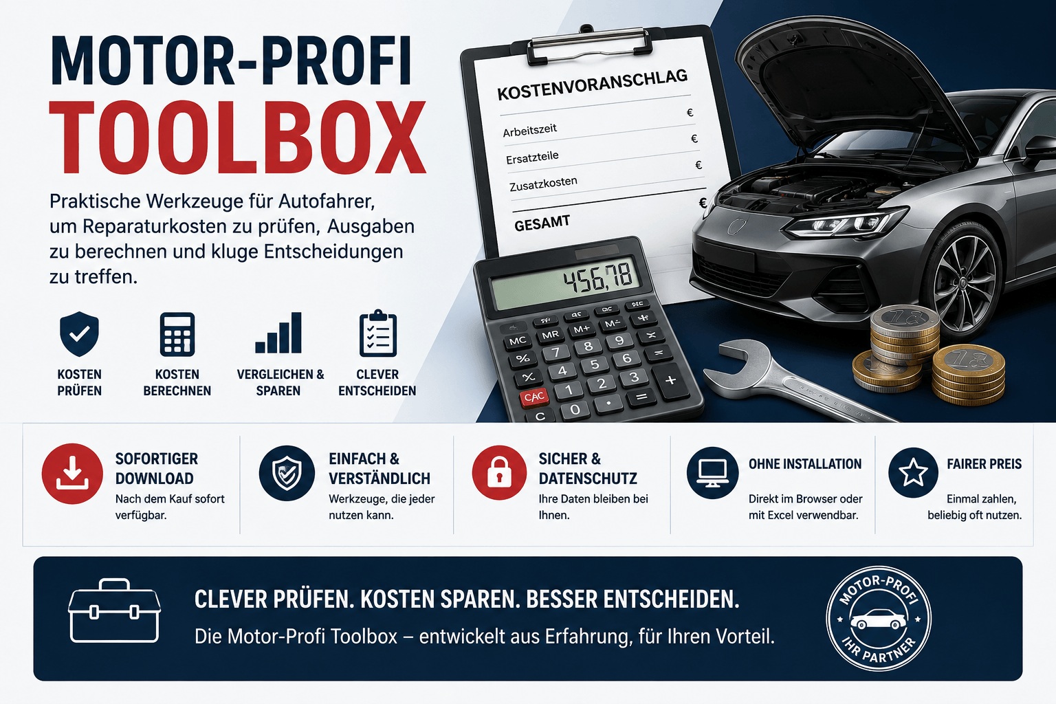 Motor-Profi Toolbox mit Premium-Downloads, Fahrzeugrechnern und digitalen Werkzeugen für Autofahrer.