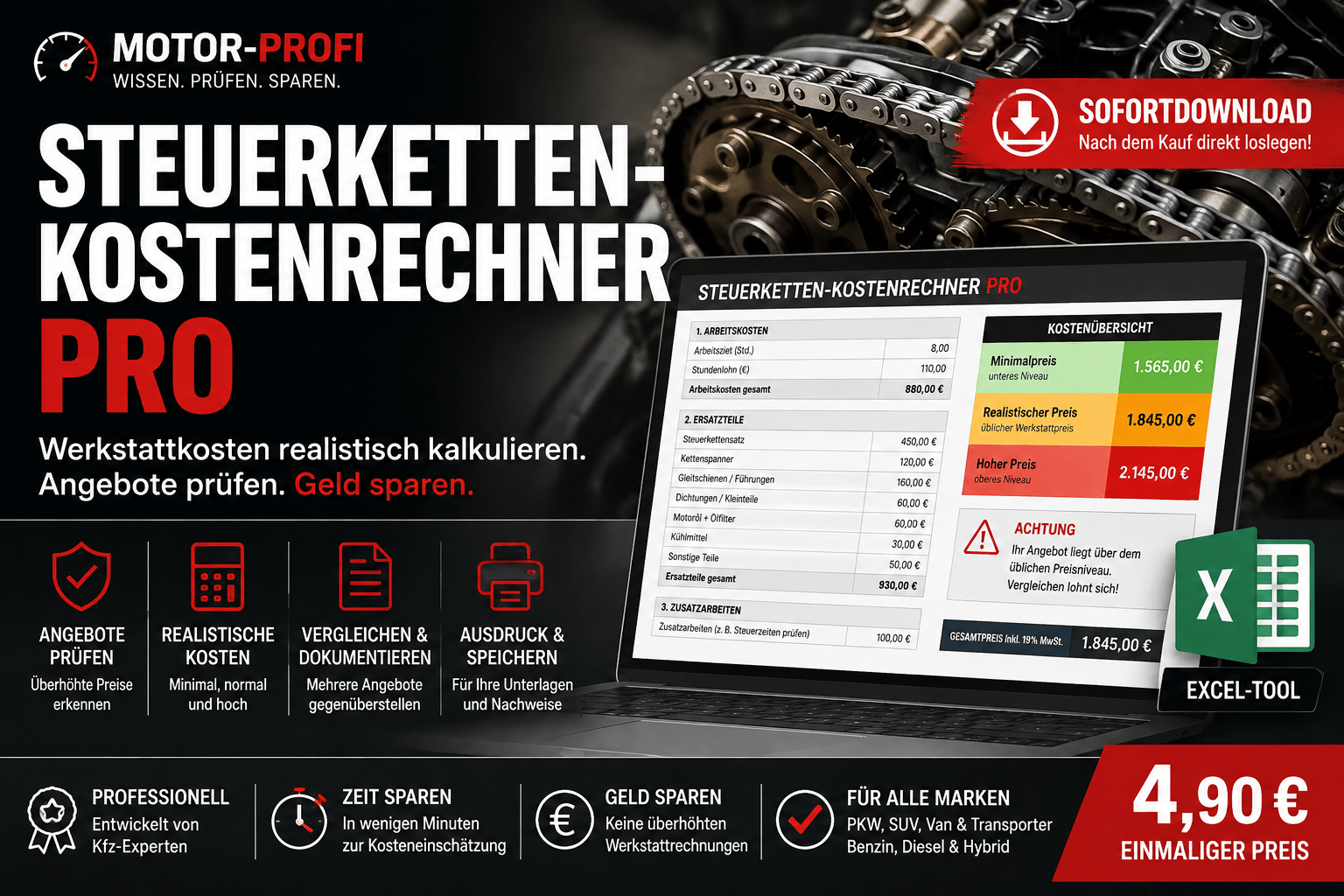 Steuerketten-Kostenrechner PRO zur Prüfung von Werkstattkosten und Reparaturangeboten