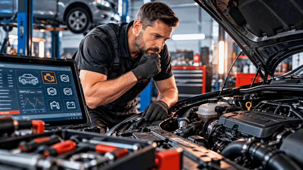 Kfz-Techniker untersucht einen Automotor mit Diagnosegerät zur Fehlersuche und Einschätzung von Reparaturkosten