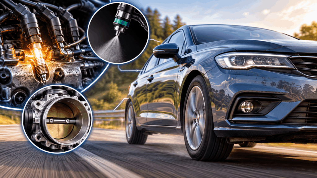 Auto beim Beschleunigen mit Darstellung von Zündkerzen, Einspritzdüse und Drosselklappe als mögliche Ursachen für Motorruckeln