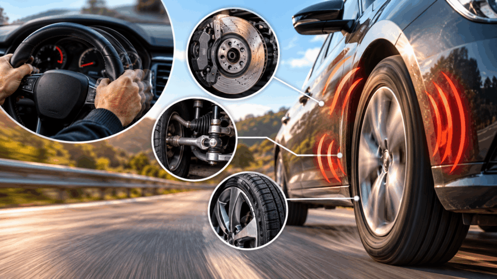 Vibrierendes Lenkrad beim Autofahren mit Darstellung von Reifen, Bremsscheibe und Fahrwerkskomponenten als mögliche Ursachen
